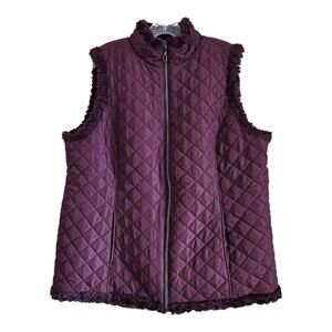 DENIM & CO Women's XL Quilted Reversible Vest Faux Fur Plum Full Zip Puffer 46"